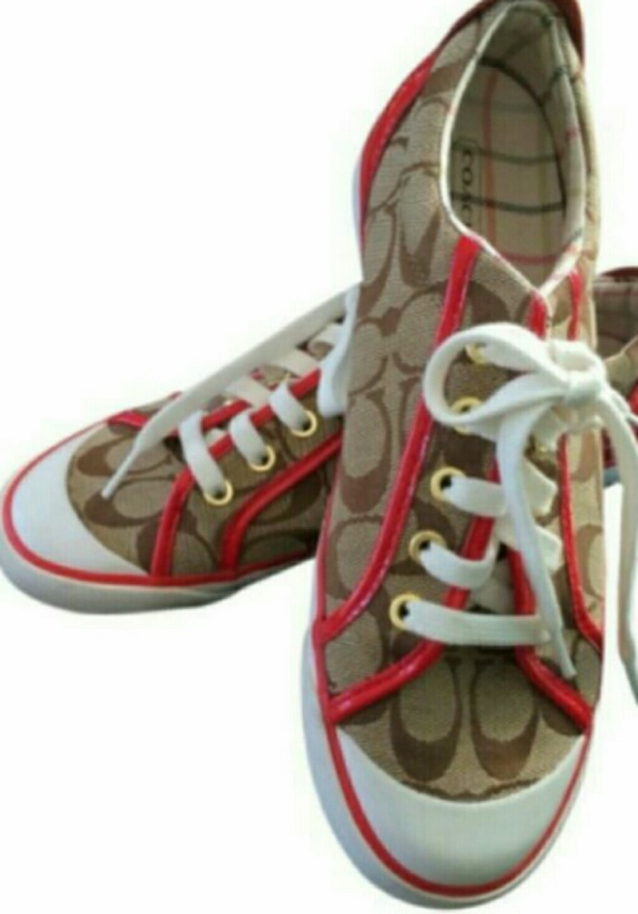 Coach khaki/Red patient leather sneakers